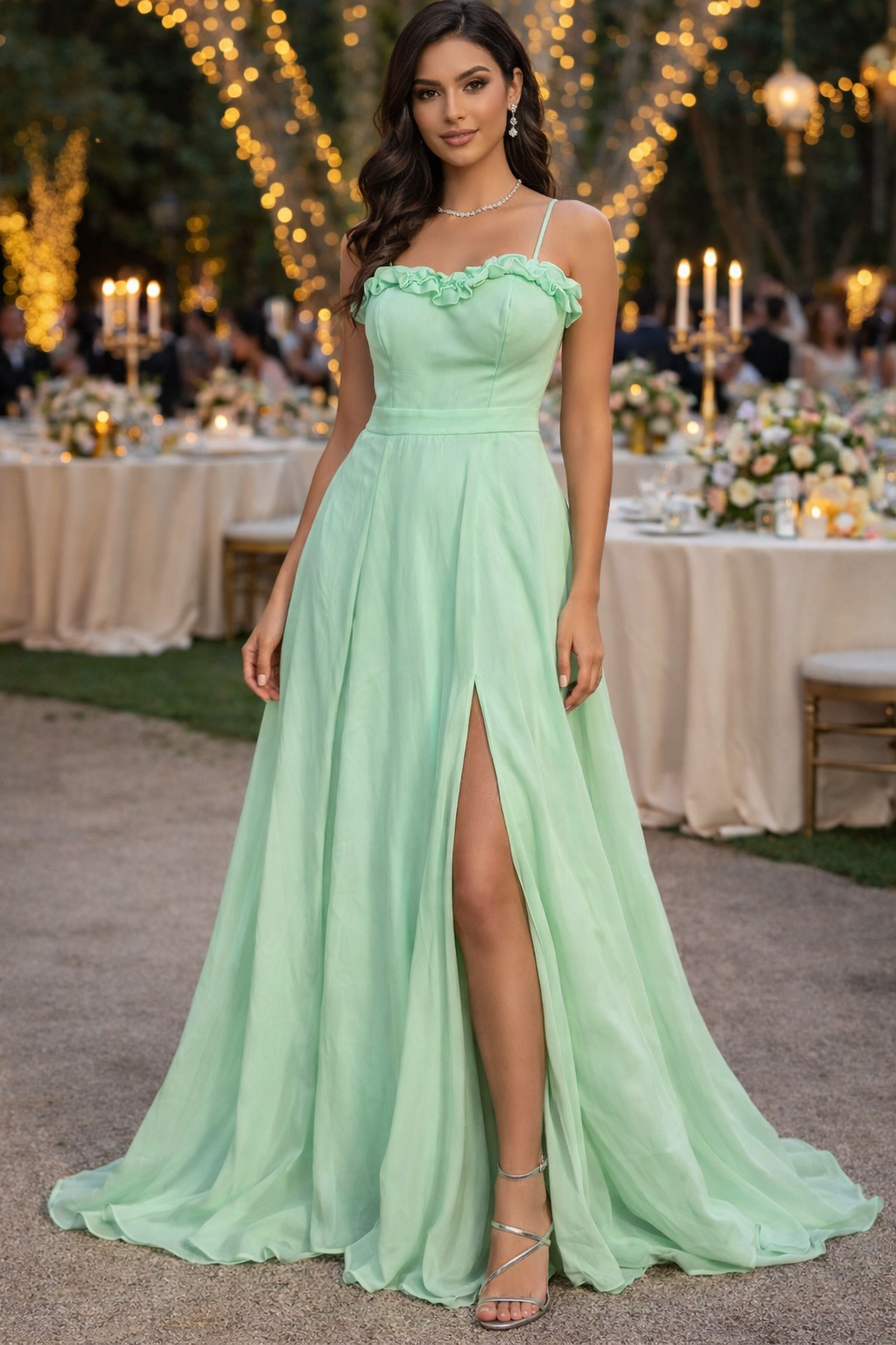 Vestido Longo Verde Menta com Fenda Frontal