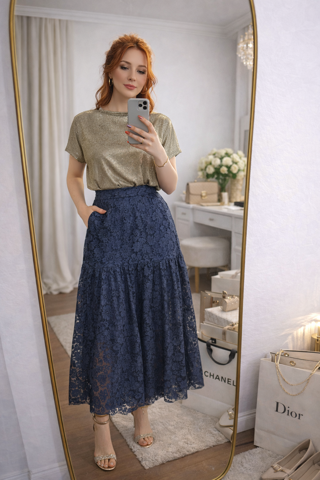 Saia Midi em Renda Azul Marinho