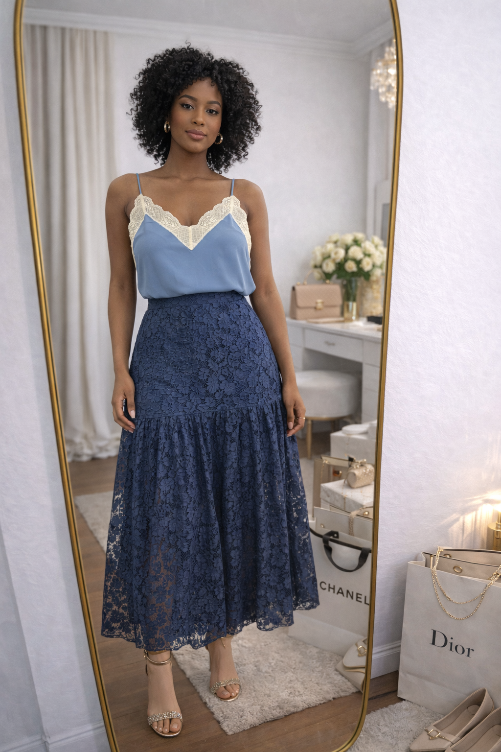 blusa de Alcinha Azul com Renda no Decote