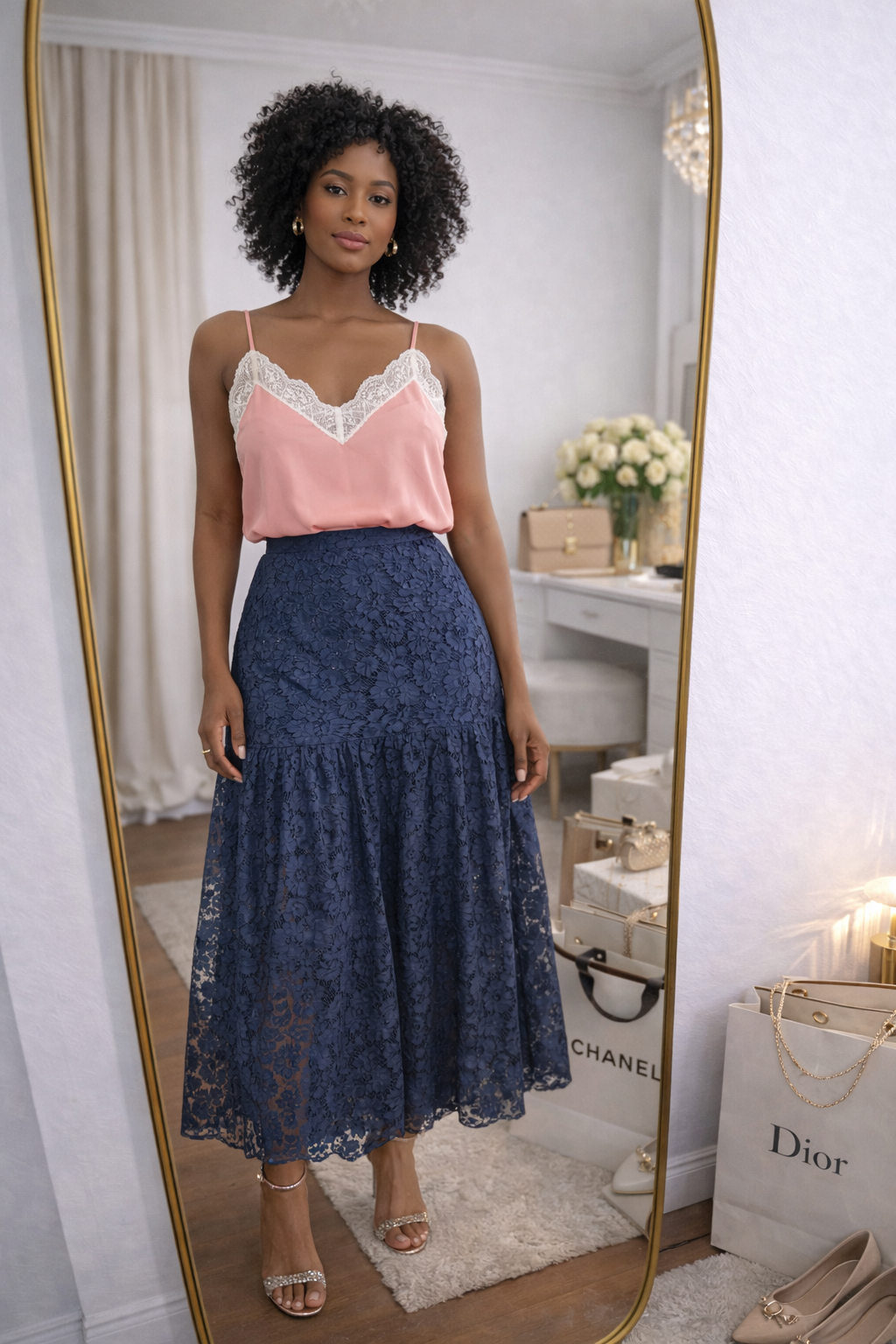 Blusa de Alcinha Rosa com Renda no Decote