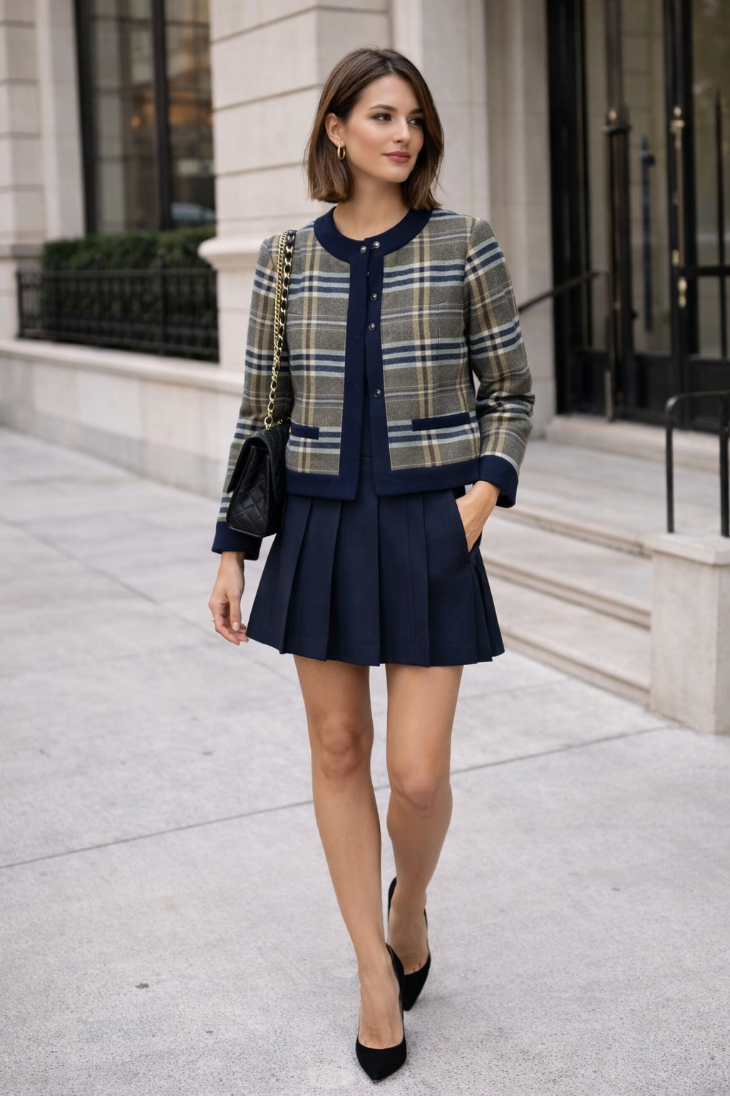 Jaqueta curta em tweed xadrez com acabamento contrastante