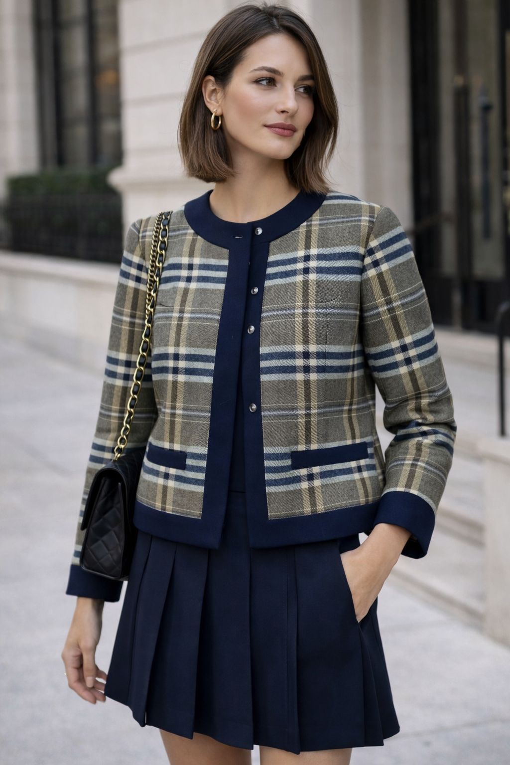 Jaqueta curta em tweed xadrez com acabamento contrastante