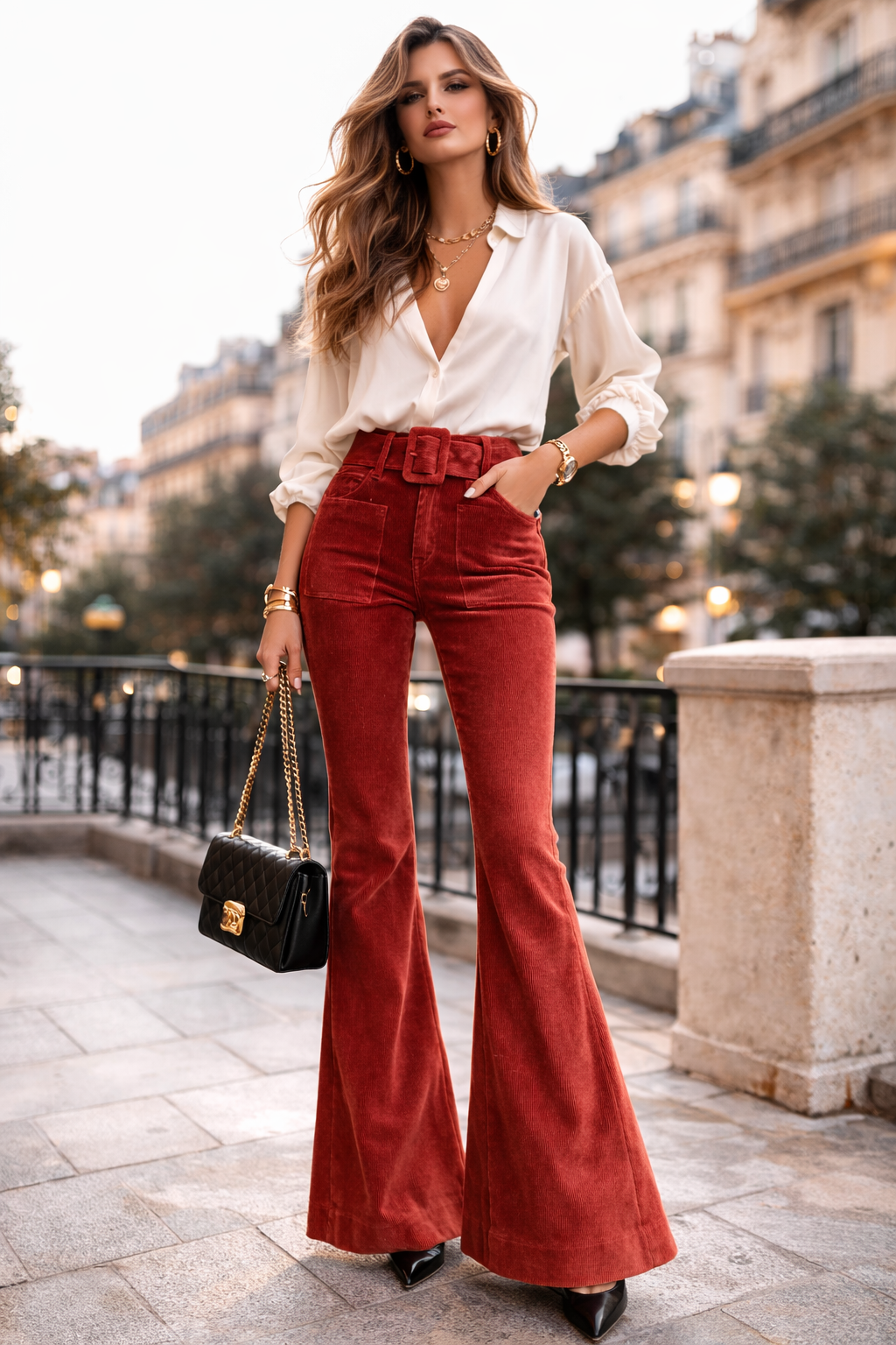 Calça Veludo Cotelê Flare Vermelha Cintura Alta com Cinto