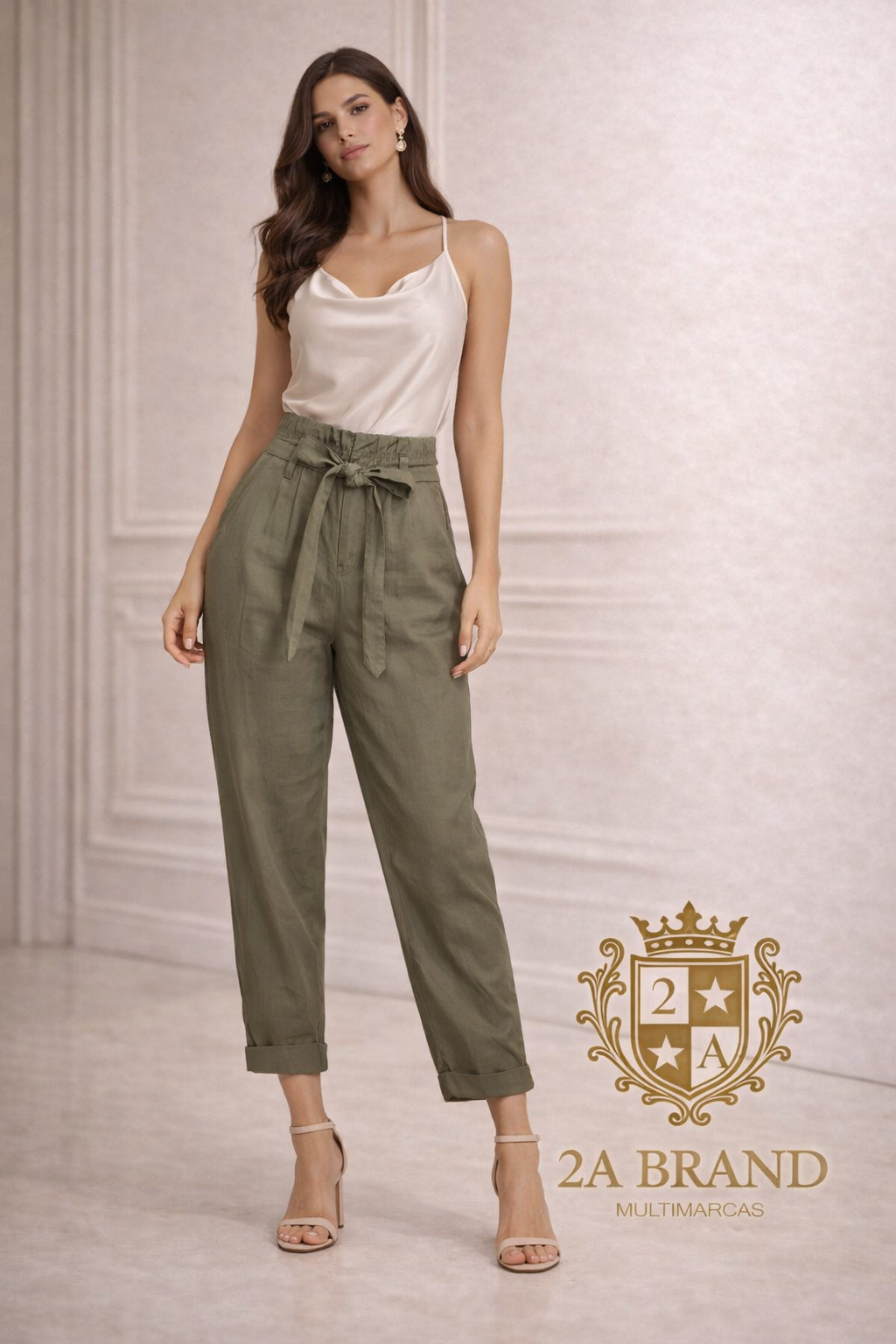 Calça Alfaiataria Verde com Cintura Paperbag e Faixa