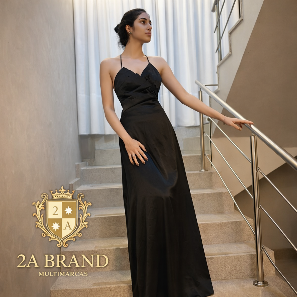 Vestido Longo Preto Alças Finas Elegância Atemporal