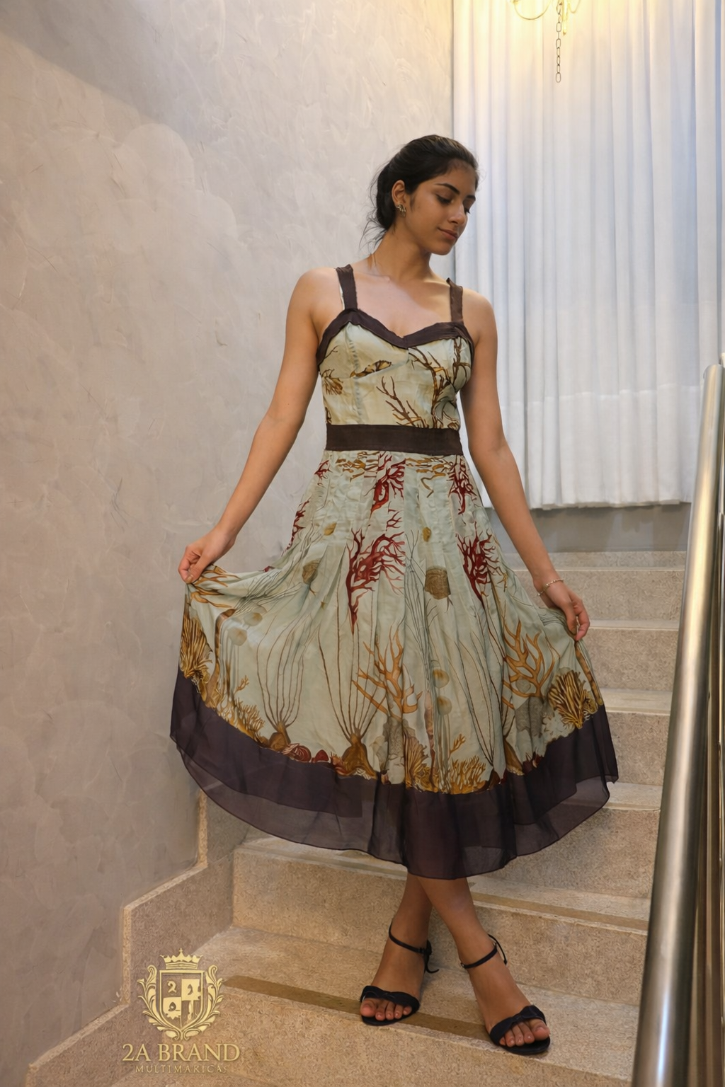 Vestido Midi Estampado Alças Finas