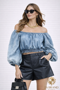 Blusa Cropped Ombro a Ombro Jeans Claro