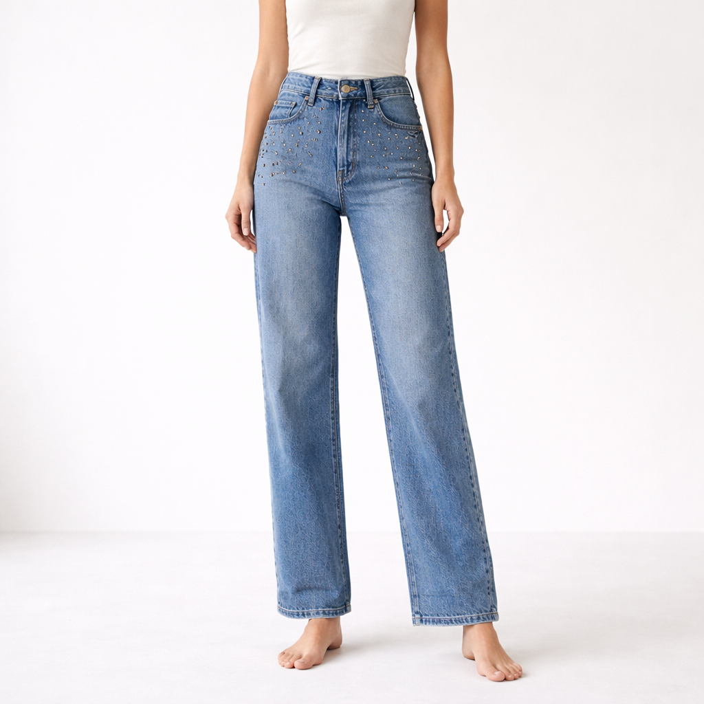 Calça Jeans Reta Cintura Alta com Aplicações