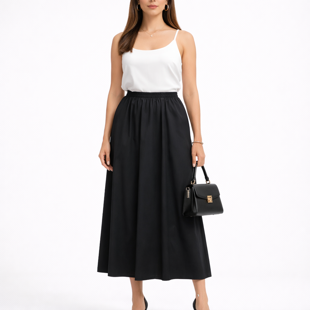 Saia Midi Preta Fluida com Cós Elástico