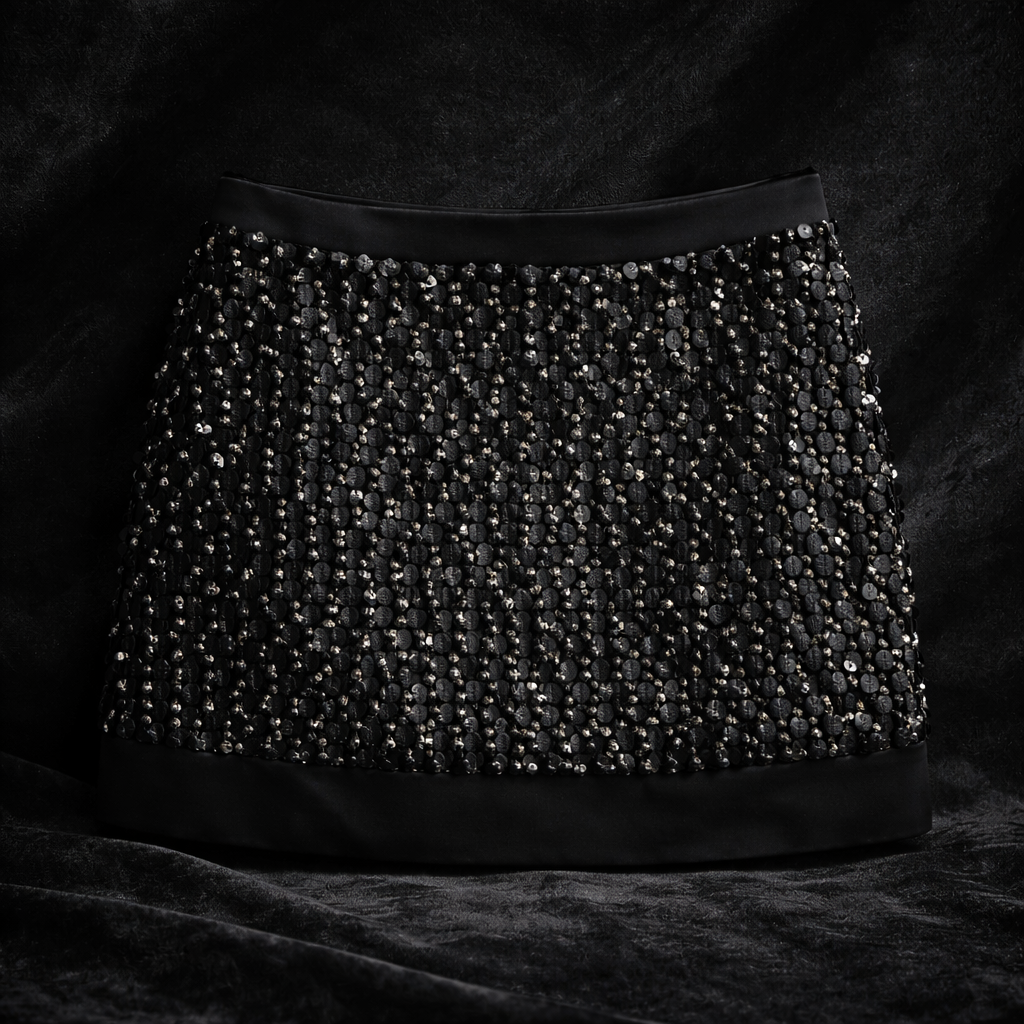 Saia Curta Iódice Preta com Paetês Texturizados