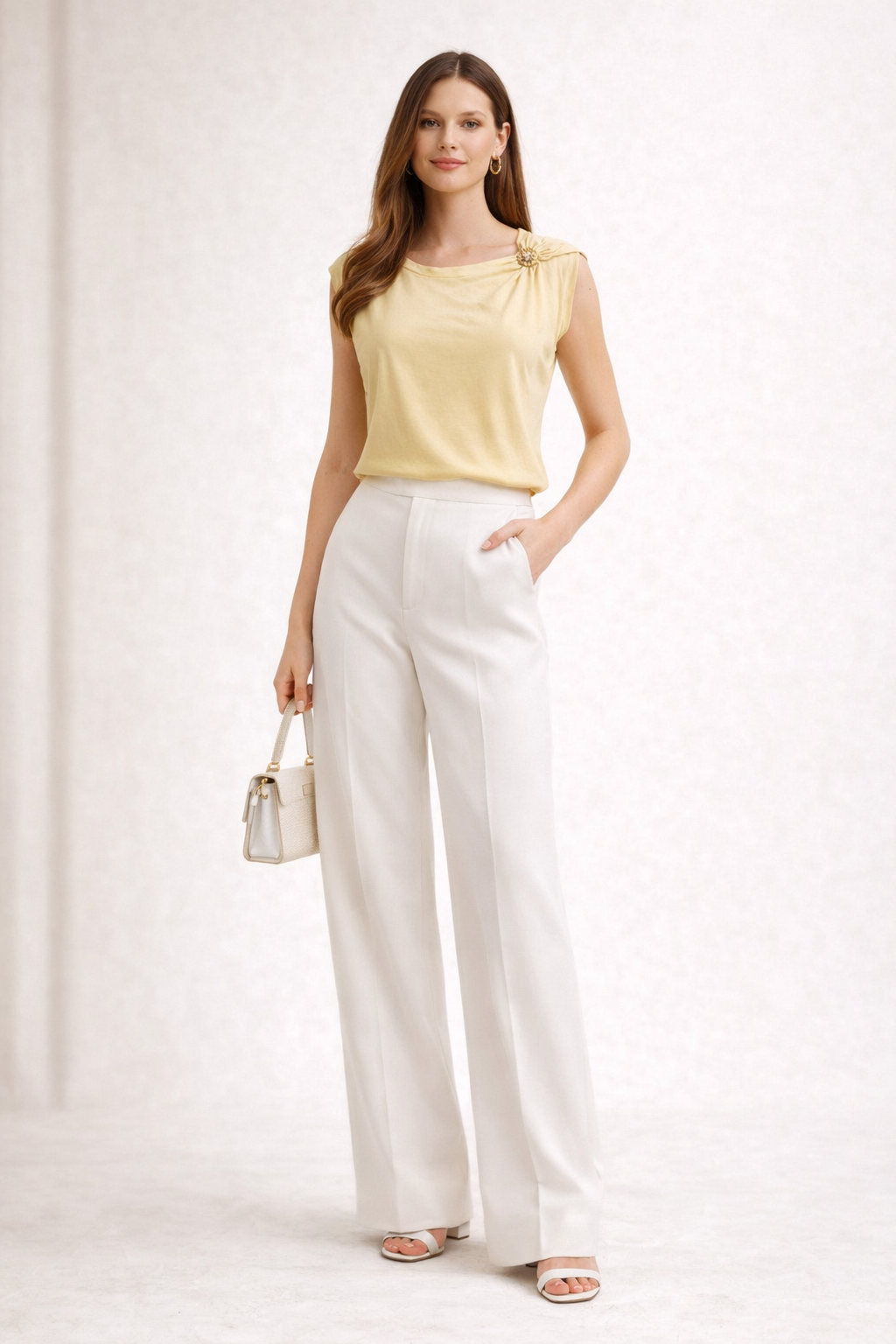 Blusa Feminina Amarela com Aplicação Dourada no Ombro