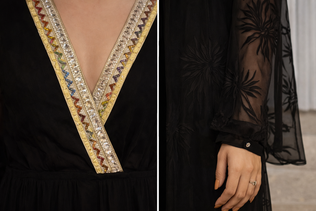 Vestido Longo Preto com Decote V Bordado e Manga Transparente