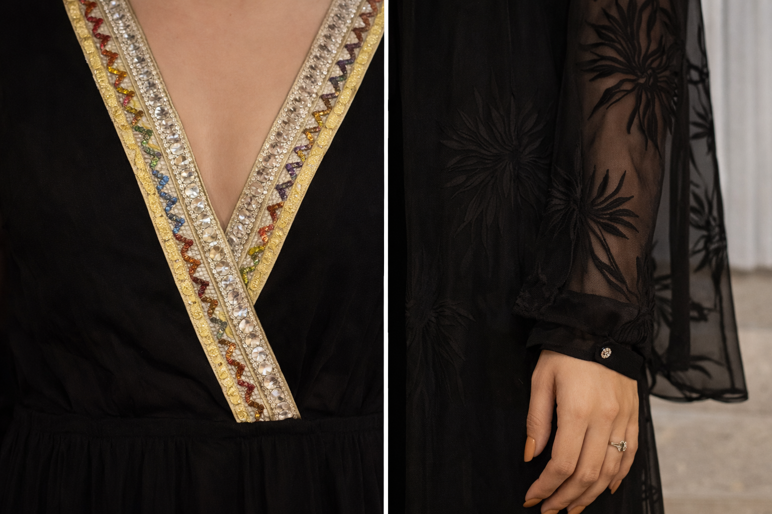 Vestido Longo Preto com Decote V Bordado e Manga Transparente