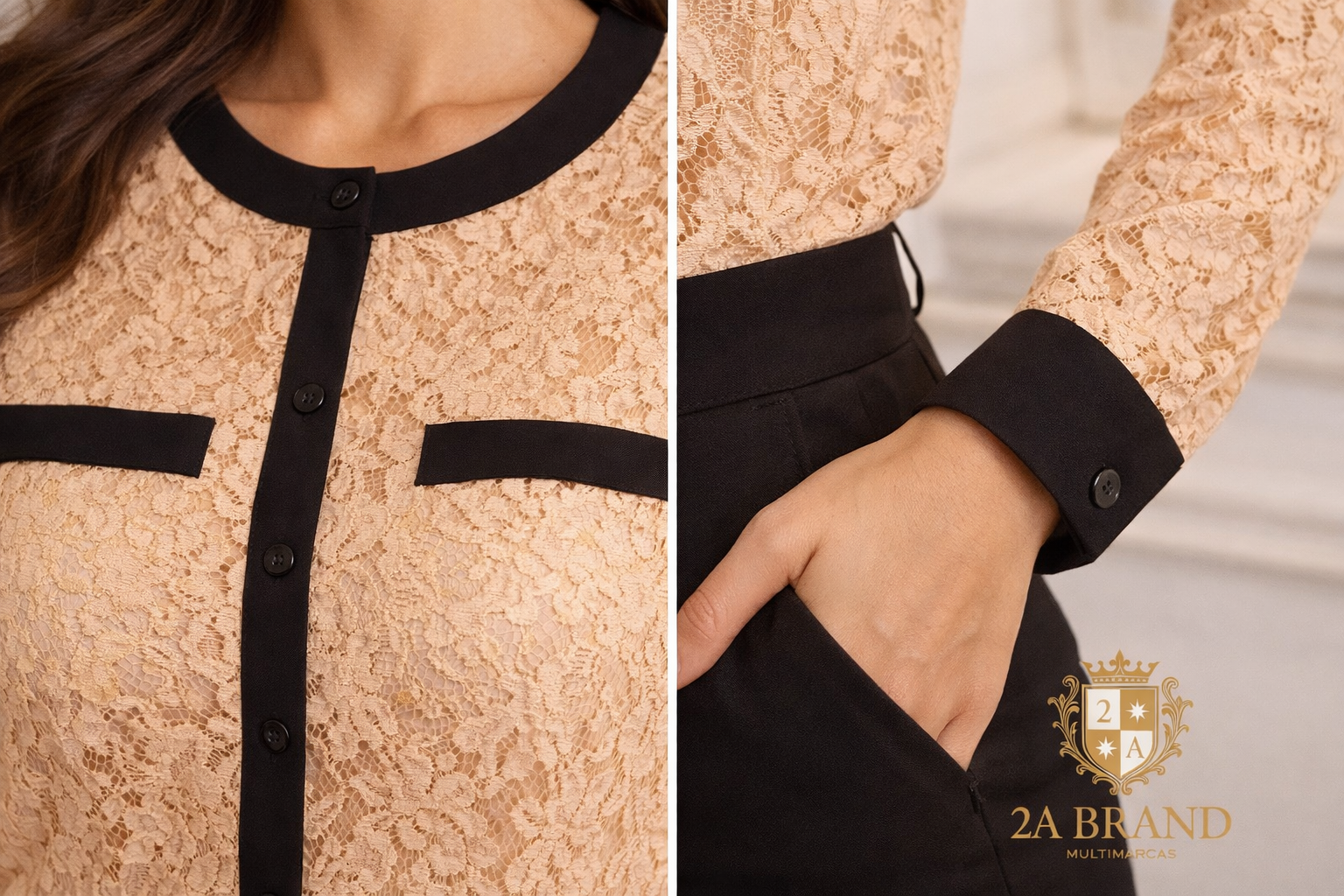 Blusa Rendata Nude com Detalhes Contrastantes