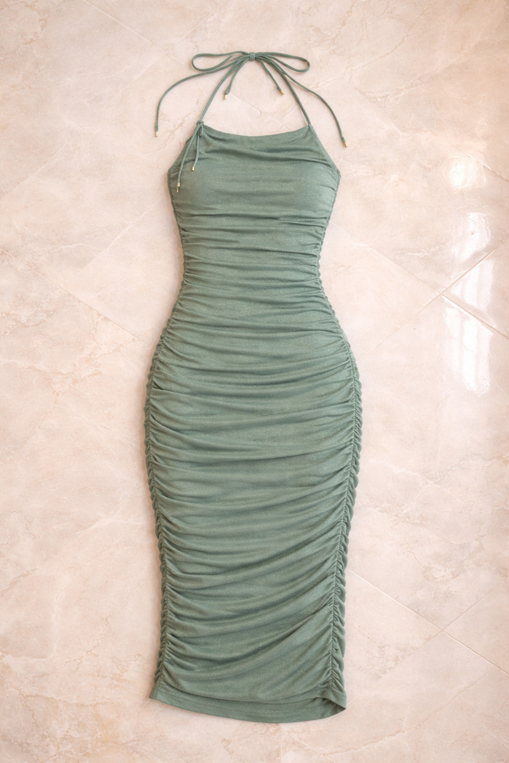 Vestido Midi Drapeado Verde Sálvia