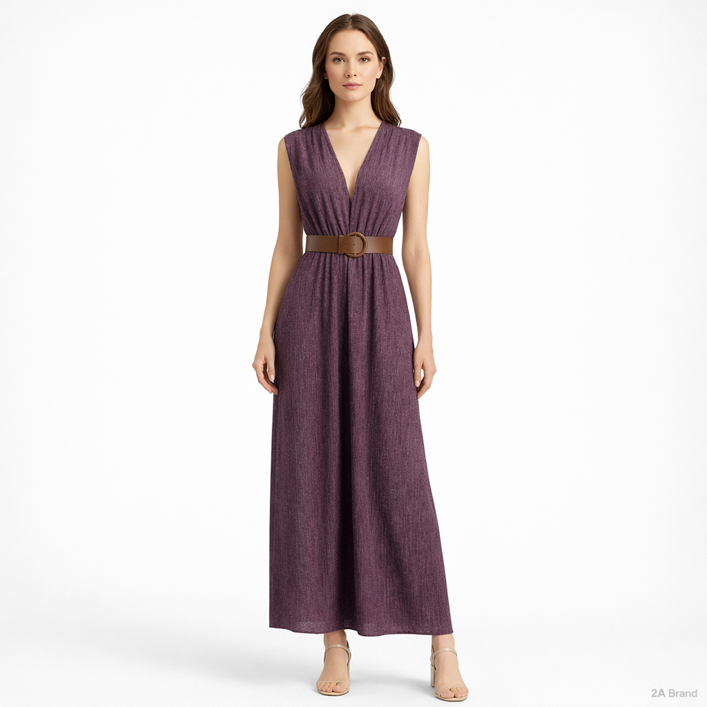 Vestido Longo Plissado com Cinto – Roxo Amora