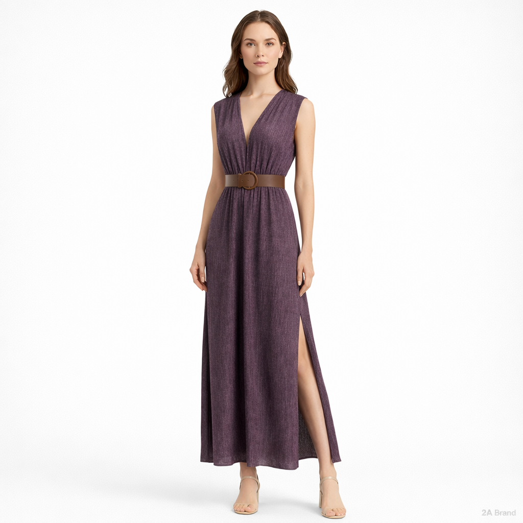 Vestido Longo Plissado com Cinto – Roxo Amora