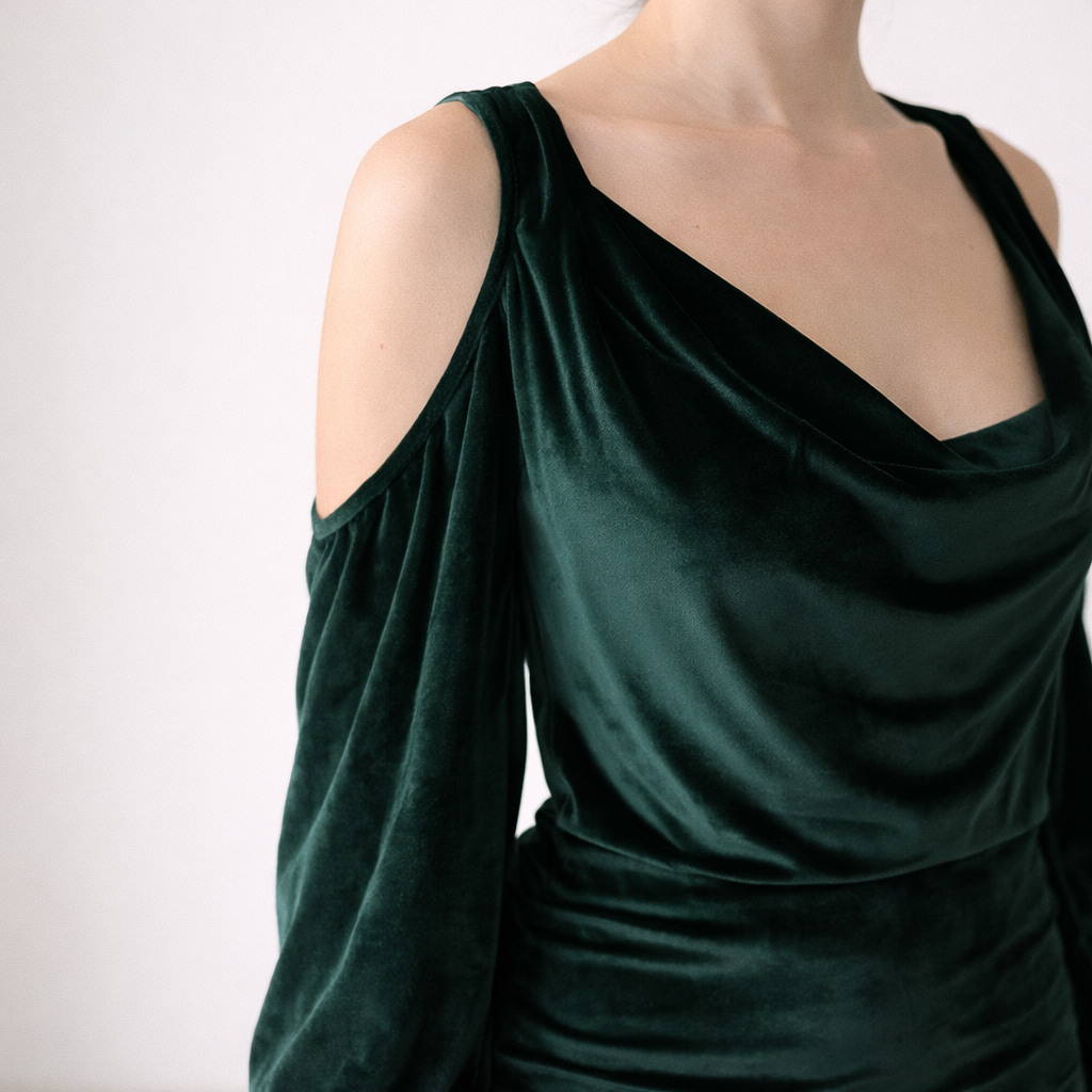 Vestido Veludo Verde Drapeado Ombro Vazado