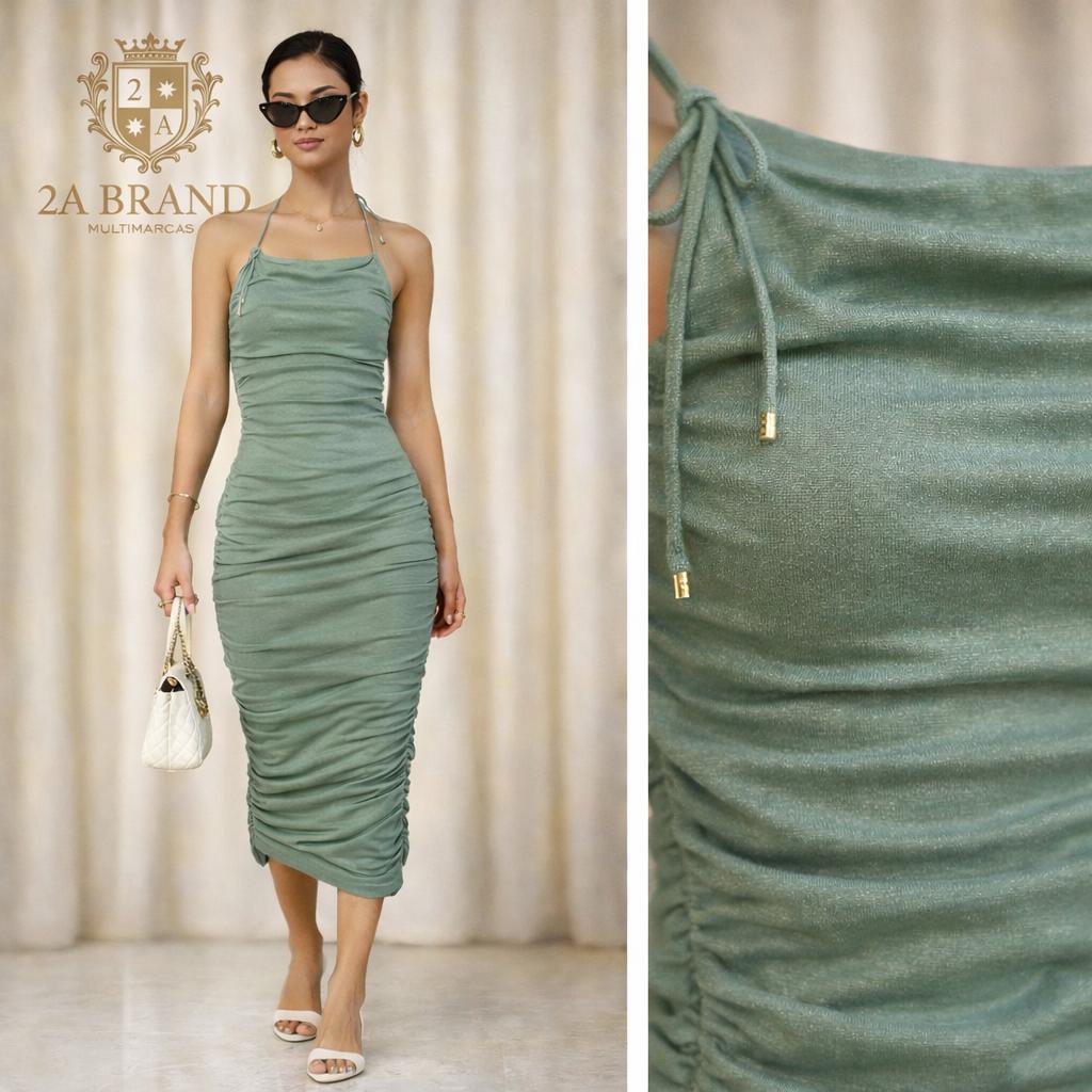 Vestido Midi Drapeado Verde Sálvia