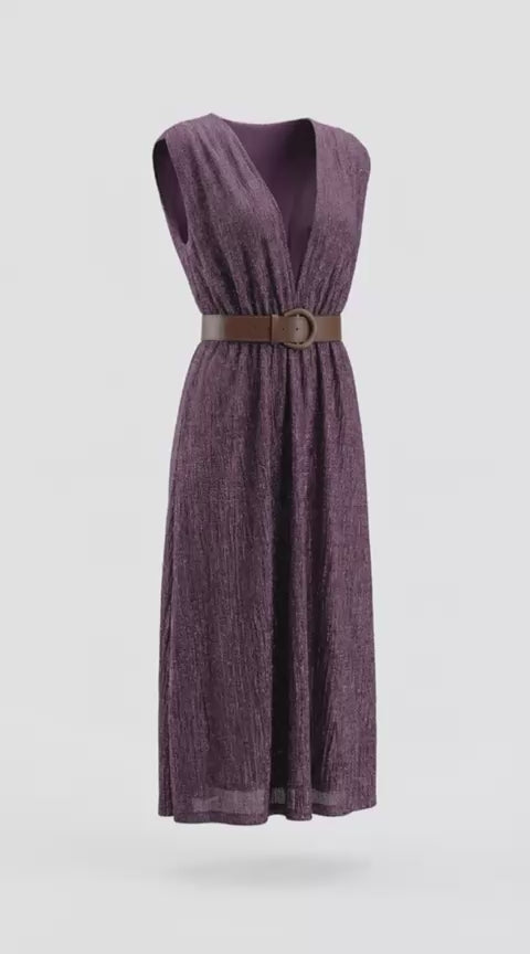 Vestido Longo Plissado com Cinto – Roxo Amora